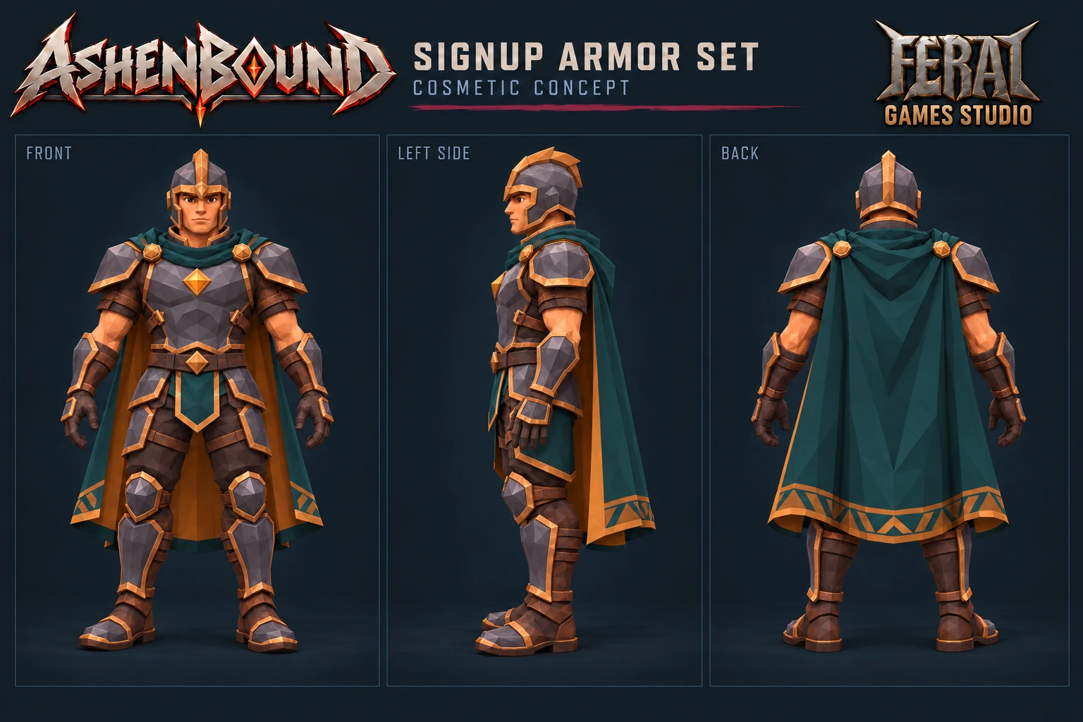 Signup reward cosmetic armor concept: slate armor with gold trim and a deep teal cape, shown from three sides